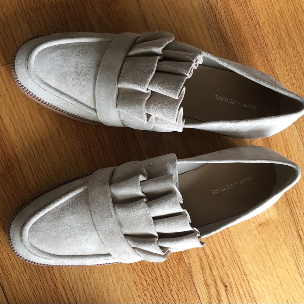 NEW Light tan kid suede loafer with ruffle details